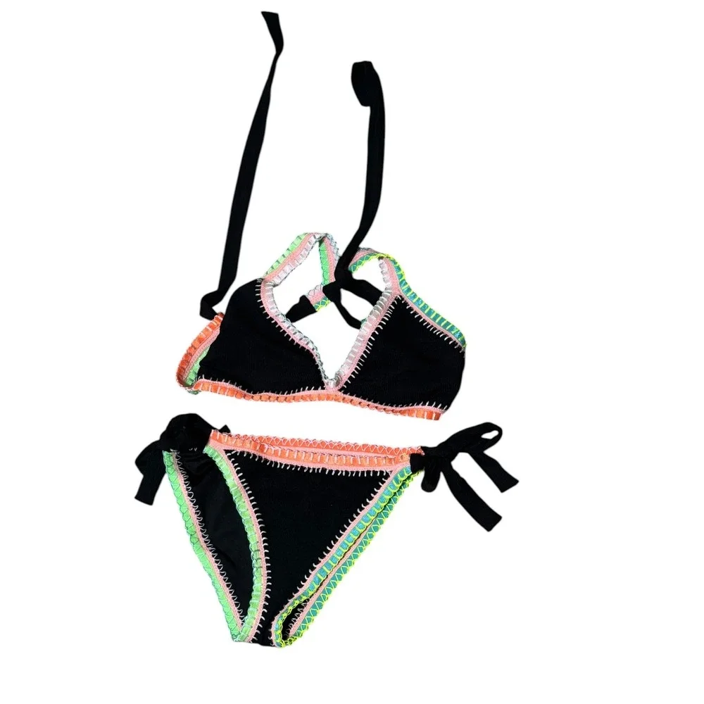 Platinum PQ Swim Solange Ferrarini Crochet Trim Ribbed Bikini Set Black D Cup/L